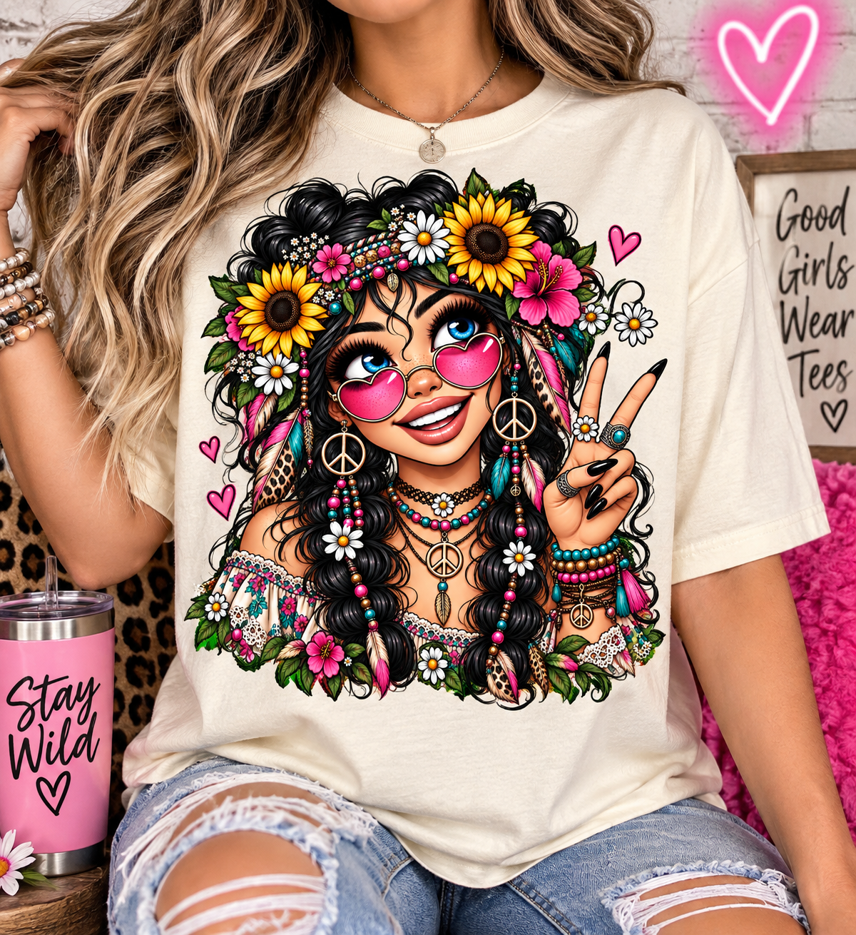 Boho Hippie Girl DTF Transfer – Sunflower Peace Sign & Pink Floral Graphic