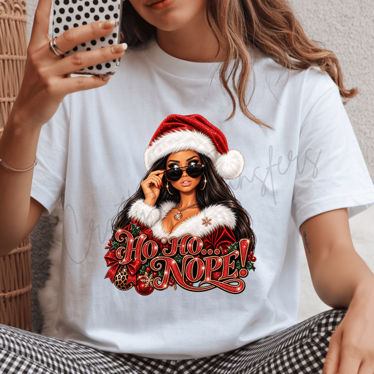 Ho Ho Nope DTF Transfer – Sassy Christmas Girl Red Glitter Holiday Graphic