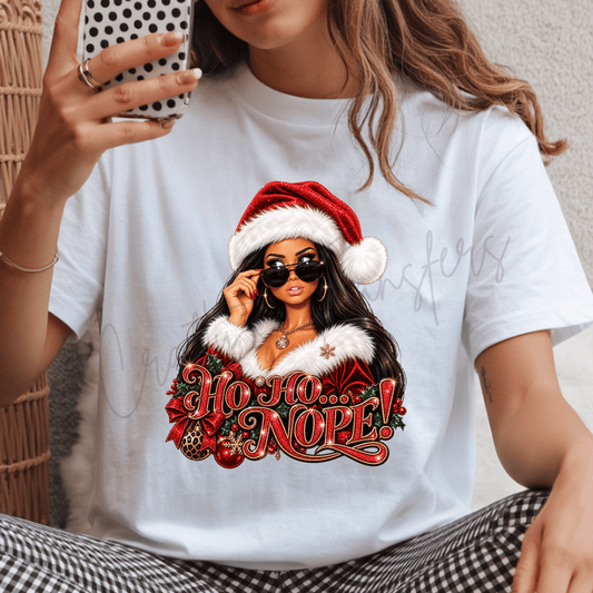 Ho Ho Nope DTF Transfer – Sassy Christmas Girl Red Glitter Holiday Graphic