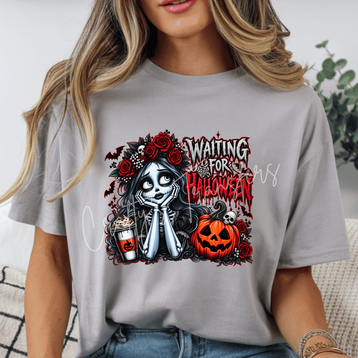 Waiting for Halloween DTF Transfer – Gothic Skeleton Girl Pumpkin & Roses Graphic