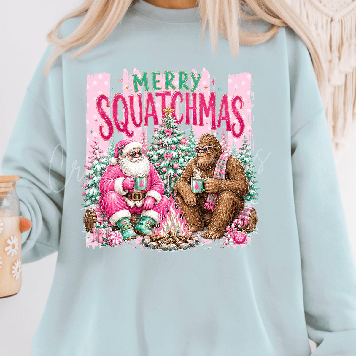 Merry Squatchmas Stripes DTF Transfer – Pink Christmas Santa & Bigfoot Holiday Design
