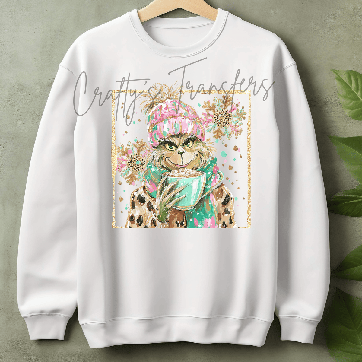 Sassy Holiday Green Character DTF Transfer – Pink & Turquoise Winter Coffee Design