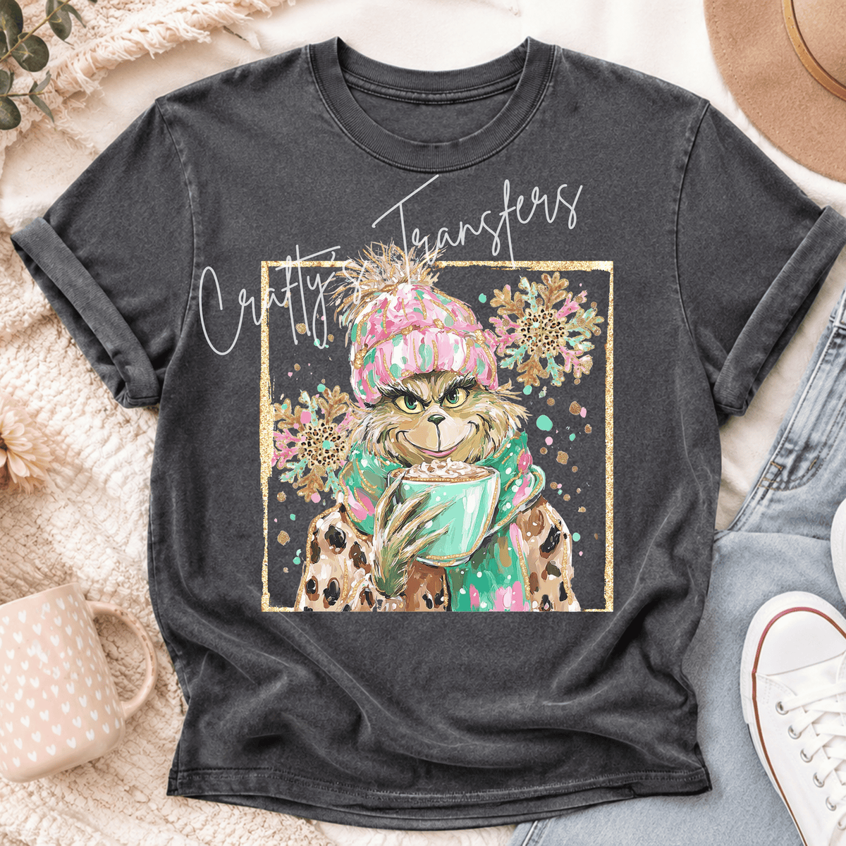 Sassy Holiday Green Character DTF Transfer – Pink & Turquoise Winter Coffee Design