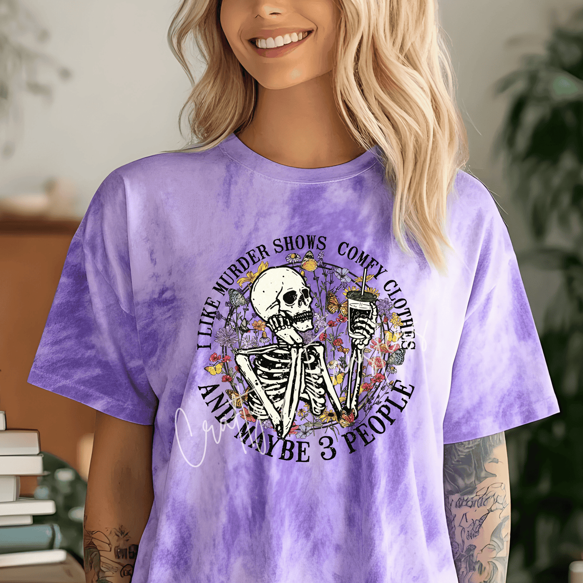 Murder Shows & Comfy Clothes Skeleton DTF Transfer – Funny True Crime Coffee Design