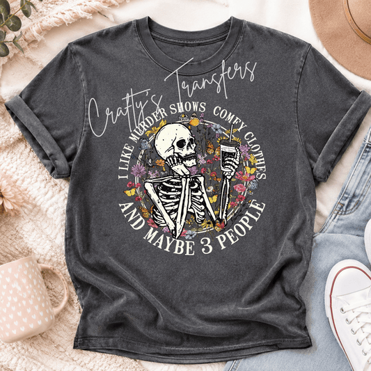 Murder Shows & Comfy Clothes Skeleton DTF Transfer – Funny True Crime Coffee Design