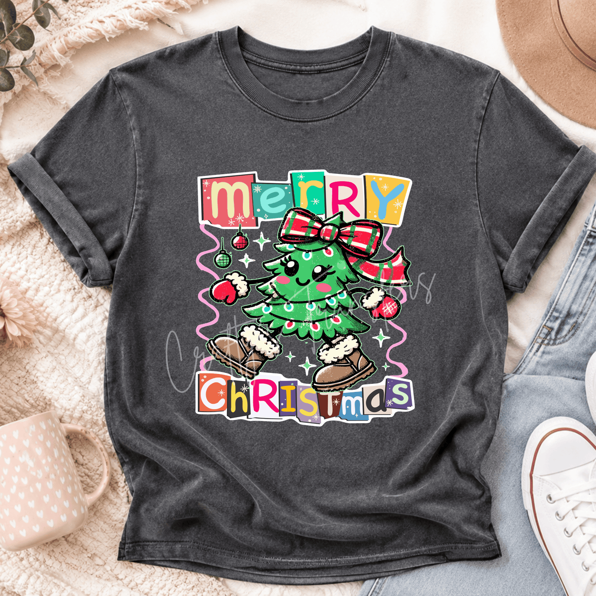 Merry Christmas Cute Christmas Tree DTF Transfer – Retro Colorful Holiday Design
