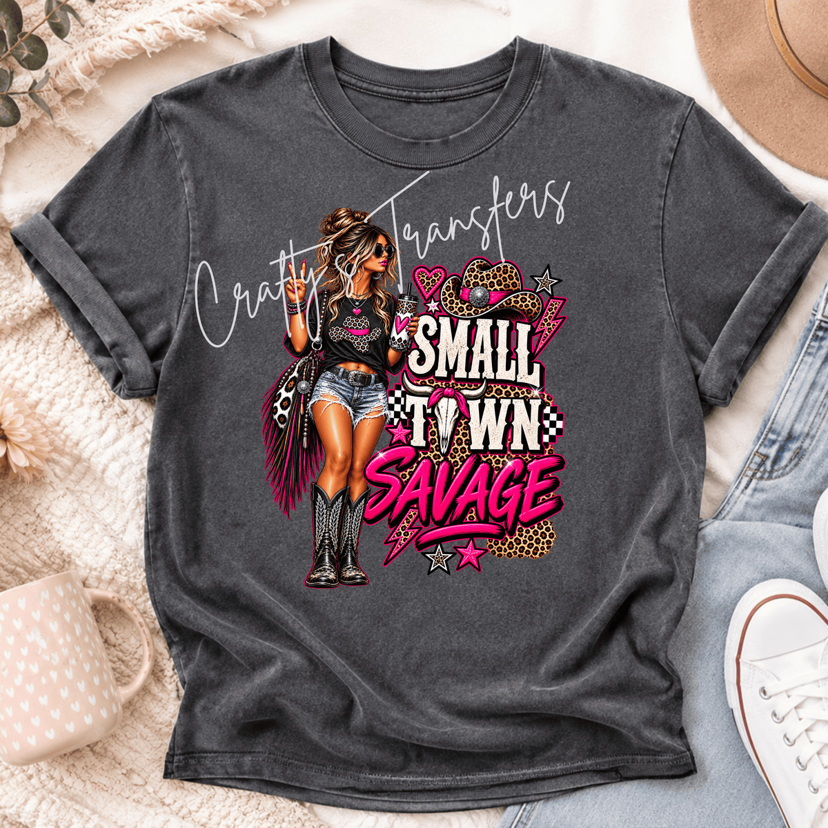 Small Town Savage Cowgirl DTF Transfer – Hot Pink Western Leopard Print Graphic