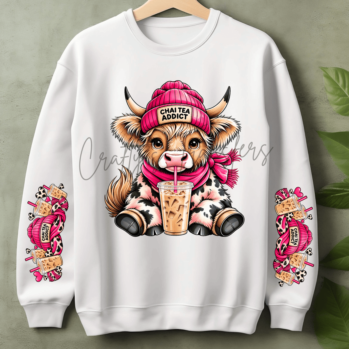 Chai Tea Addict Highland Cow DTF Transfer – Pink Cow Print Iced Chai Graphic