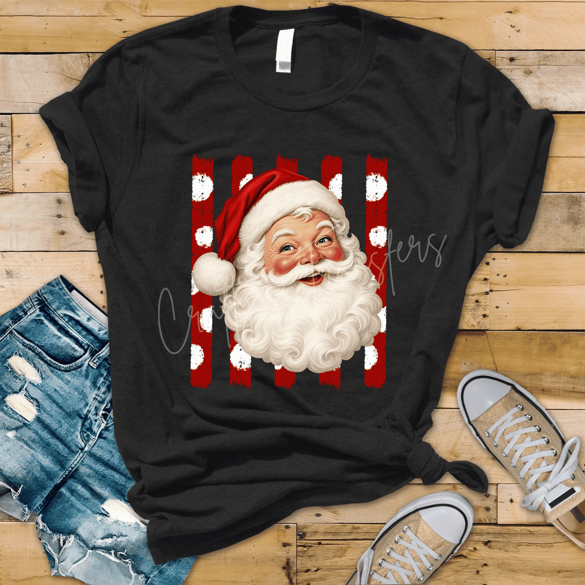 Vintage Santa DTF Transfer – Distressed Red Stripe Christmas Graphic