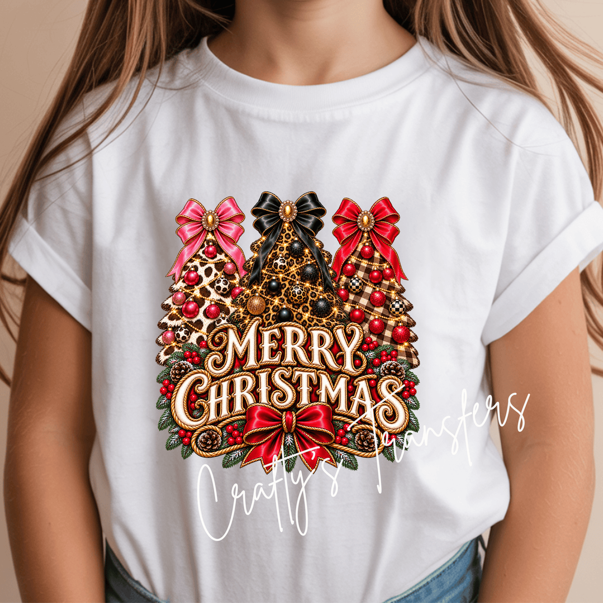 Merry Christmas DTF Transfer – Leopard Print Christmas Trees & Coquette Bows
