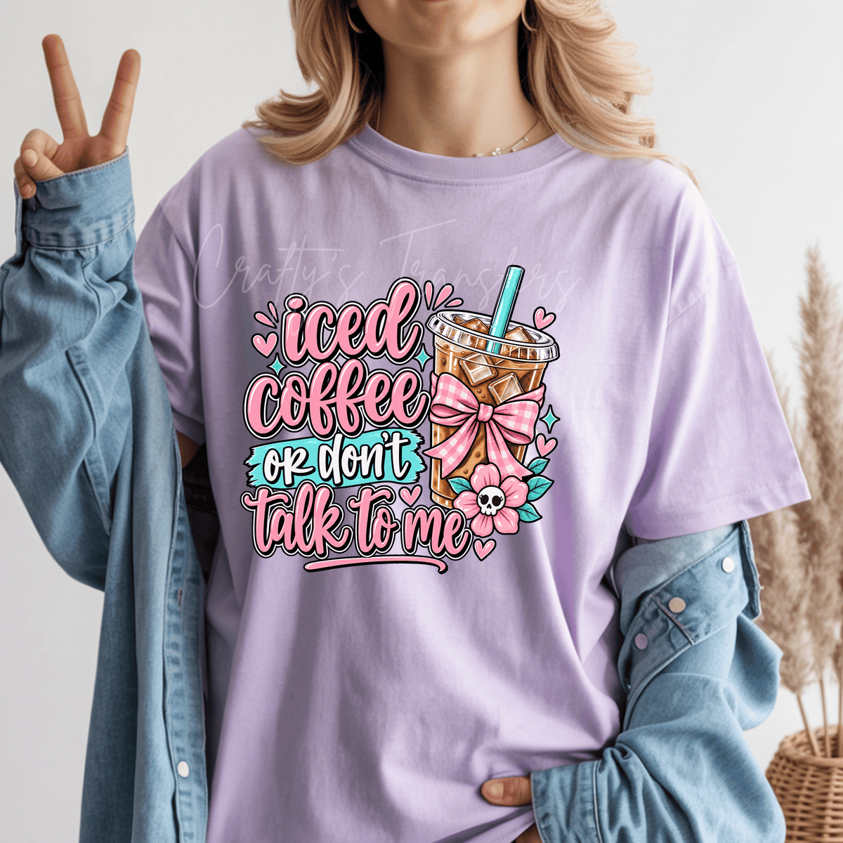 Iced Coffee or Don’t Talk to Me DTF Transfer – Pink Bow Girly Coffee Graphic