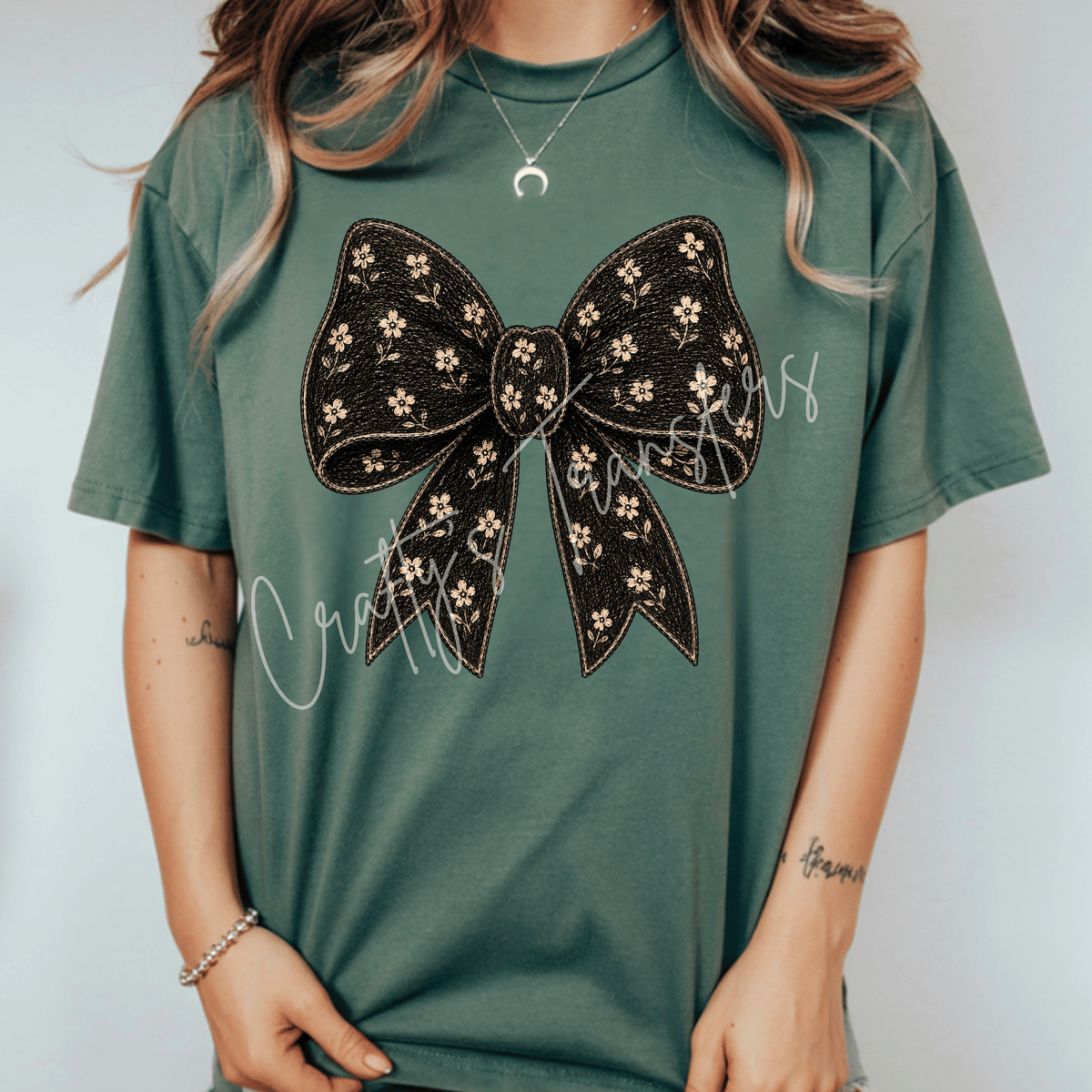 Vintage Floral Bow DTF Transfer – Black & Cream Coquette Ribbon Graphic
