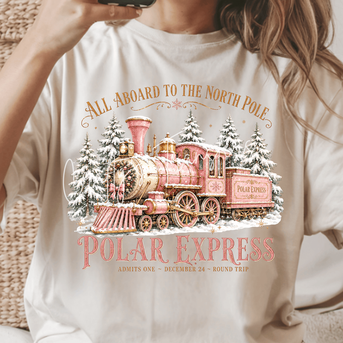 Pink North Pole Christmas Train DTF Transfer – Vintage Holiday Railway Graphic
