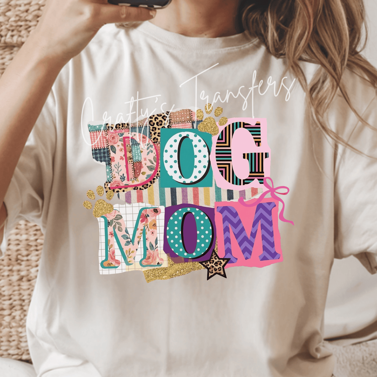 Dog Mom Patchwork DTF Transfer – Colorful Floral Leopard Print Pet Lover Design