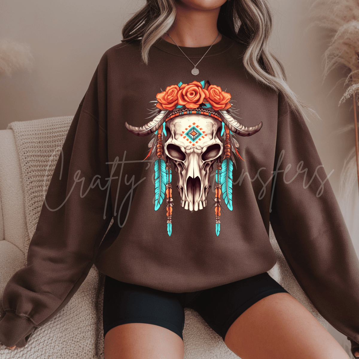 Native American Inspired Cow Skull DTF Transfer – Turquoise Feathers & Orange Roses Southwest Design