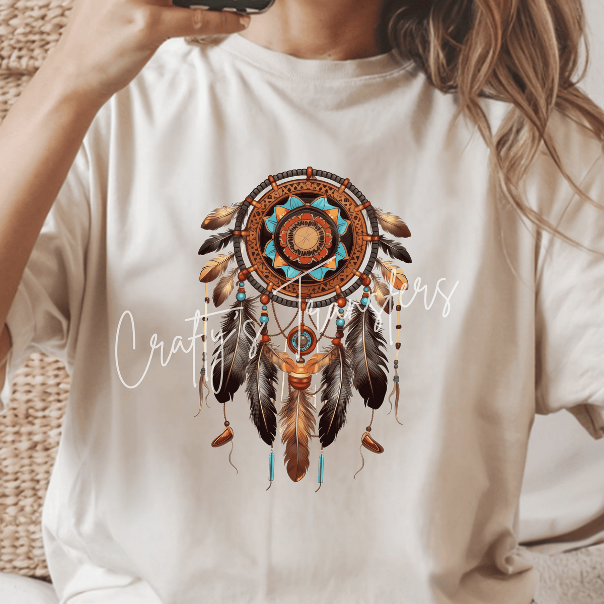 Native American Inspired Dreamcatcher DTF Transfer – Turquoise Feather Southwest Design