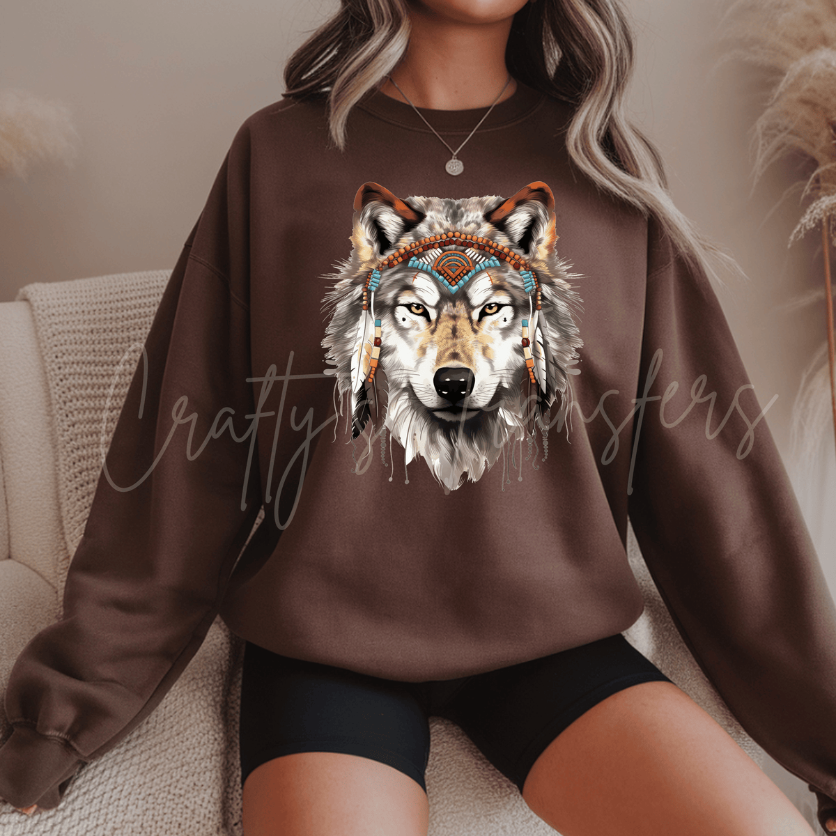 Native American Inspired Wolf DTF Transfer – Turquoise Beaded Feather Wolf Design