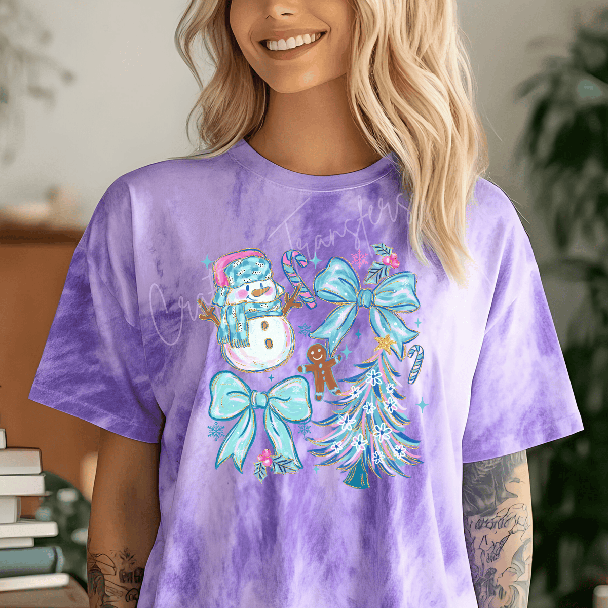 Blue Bow Christmas DTF Transfer – Coquette Snowman & Christmas Tree Holiday Graphic