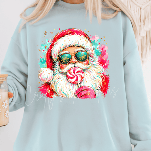 Santa Peppermint Christmas DTF Transfer – Colorful Santa Sunglasses Holiday Graphic