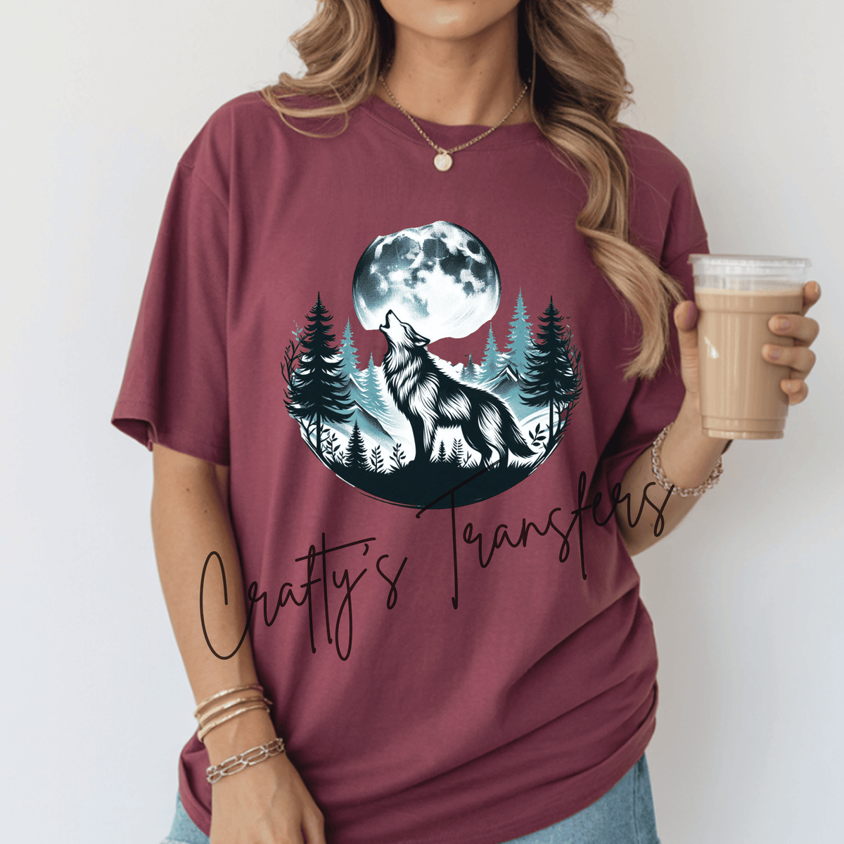 Howling Wolf Full Moon DTF Transfer – Woodland Forest Nature Graphic