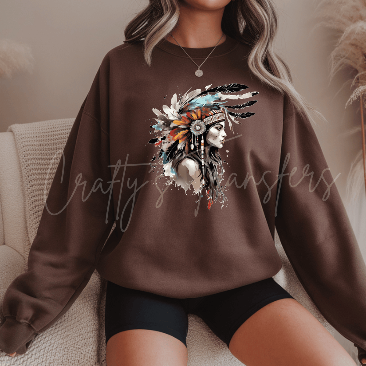 Native American Inspired Woman DTF Transfer – Feather Headdress Southwest Portrait Design