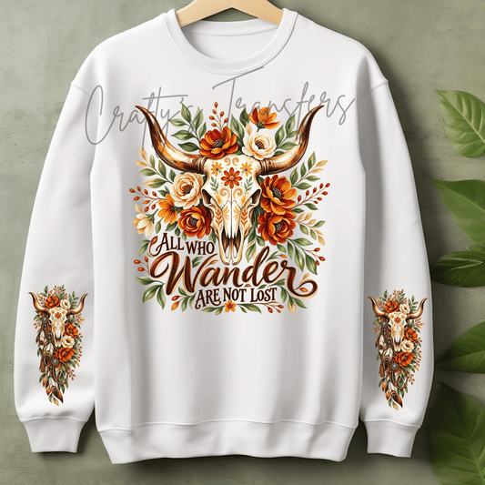 All Who Wander Are Not Lost DTF Transfer – Western Longhorn Skull Floral Shirt Design – Boho Cowgirl DTF