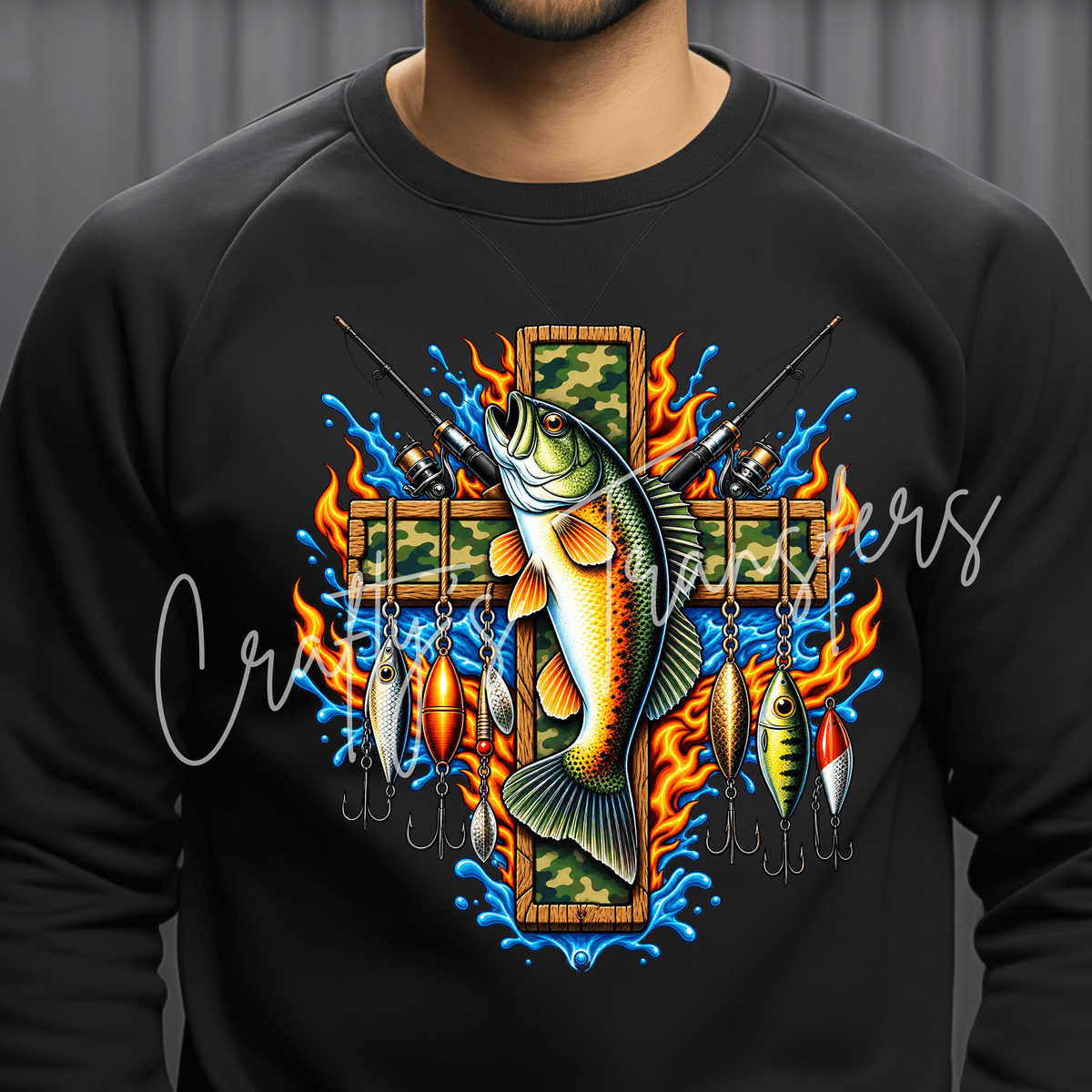 Christian Fishing Cross DTF Transfer – Bass Fish, Camo Cross & Fishing Lures Design