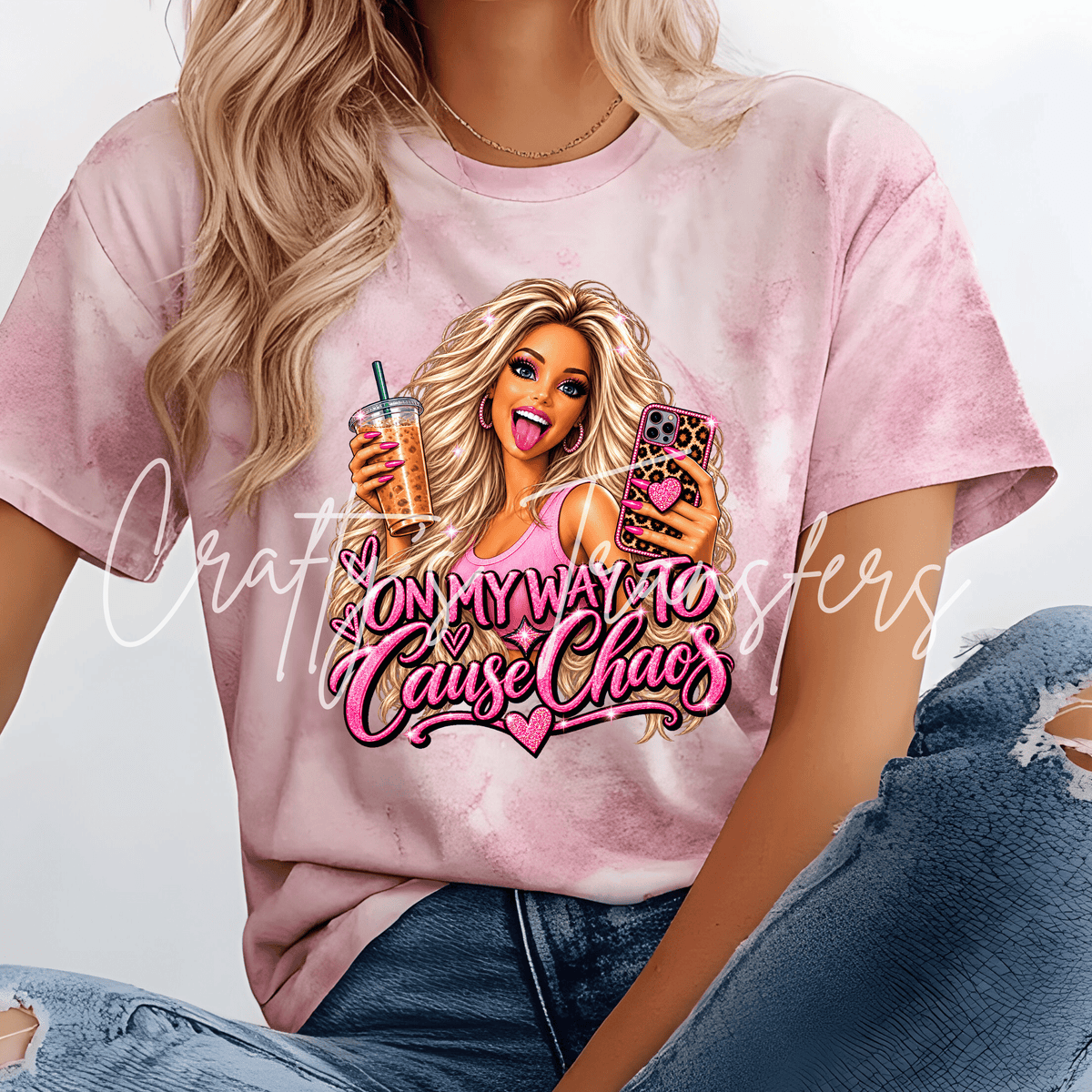 On My Way to Cause Chaos DTF Transfer – Hot Pink Glam Girl Shirt Design – Sassy Coffee Lover DTF