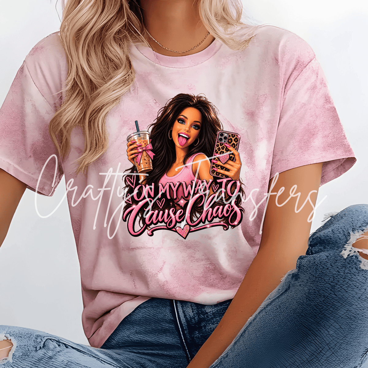 On My Way to Cause Chaos DTF Transfer – Hot Pink Glam Girl Shirt Design – Sassy Coffee Lover DTF