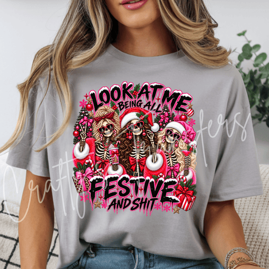 Festive Skeleton Christmas DTF Transfer – Funny Pink Holiday Shirt Design – Sassy Christmas DTF