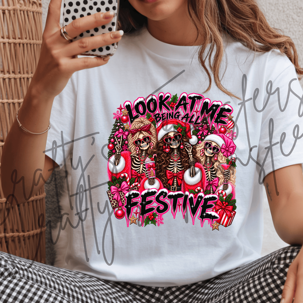 Festive Skeleton Christmas DTF Transfer – Funny Pink Holiday Shirt Design – Sassy Christmas DTF
