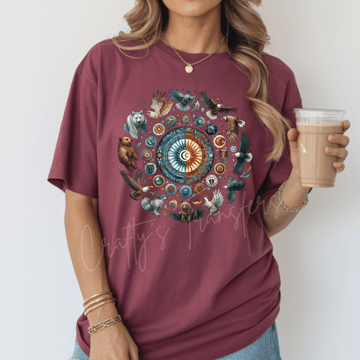 Celestial Wildlife Mandala DTF Transfer – Sun Moon Bear Wolf Eagle Nature Graphic