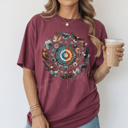 Celestial Wildlife Mandala DTF Transfer – Sun Moon Bear Wolf Eagle Nature Graphic
