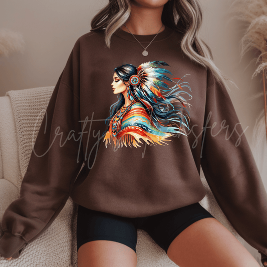 Boho Feather Woman DTF Transfer – Colorful Southwestern Inspired Graphic