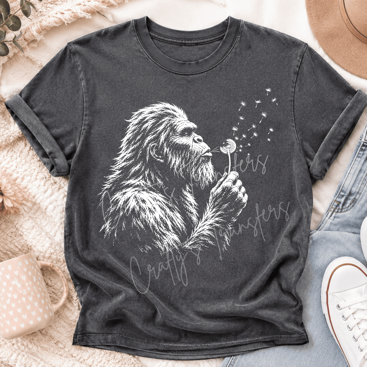 Bigfoot Dandelion DTF Transfer – Whimsical Sasquatch Nature Graphic