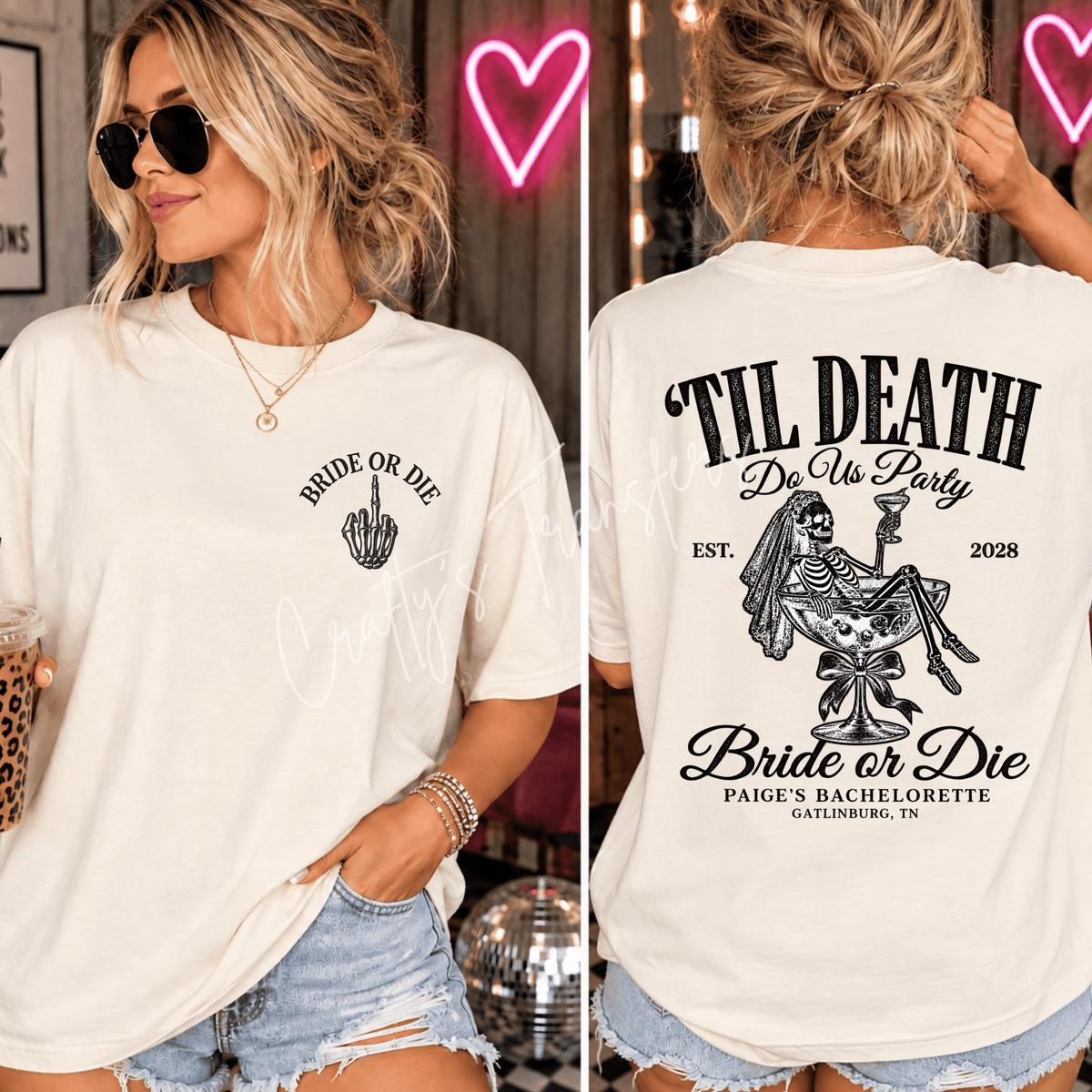 Bride or Die Bachelorette Party DTF Transfer Set – Skeleton Bride Cocktail Front & Back Design