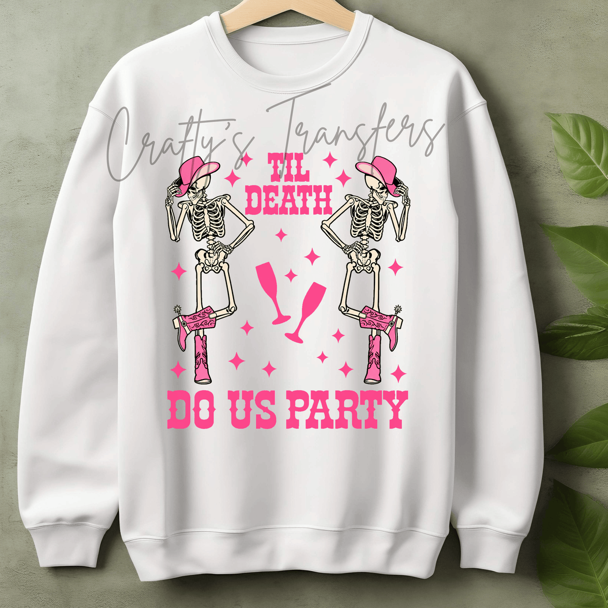 ’Til Death Do Us Party DTF Transfer – Pink Western Skeleton Bachelorette Design