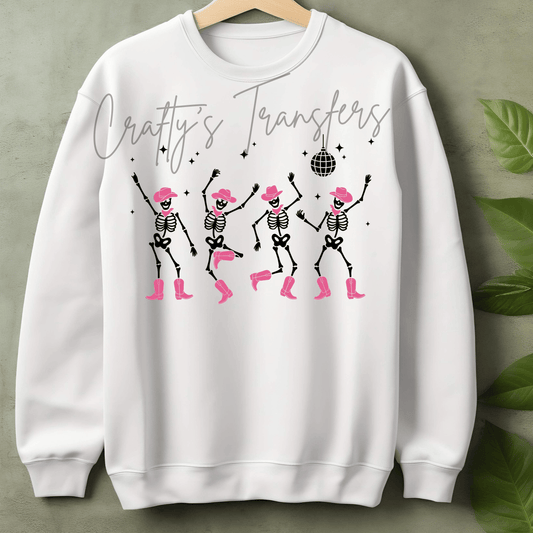 Dancing Cowgirl Skeletons DTF Transfer – Pink Cowboy Boots & Hats Shirt Design – Western Disco DTF