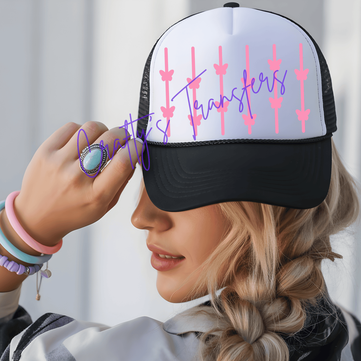Light Pink Butterfly Trucker Hat DTF Transfer – Girly Hat Wrap Design