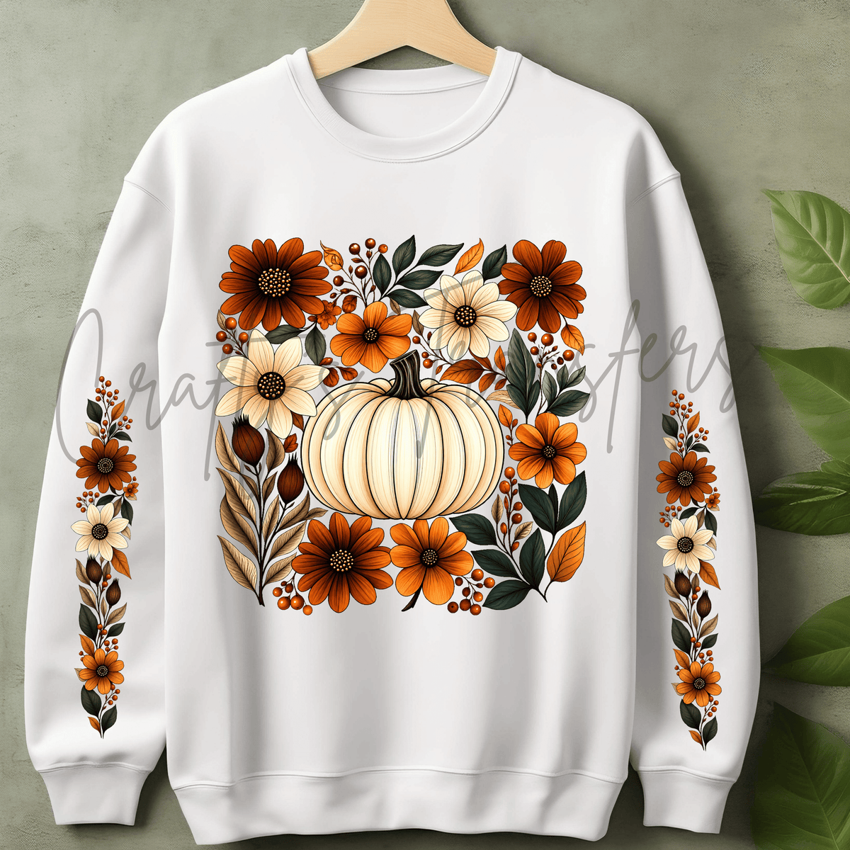 Fall Pumpkin Floral DTF Transfer Set – Autumn Flowers with Matching Sleeve Designs