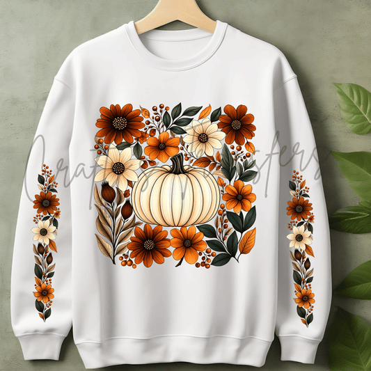 Fall Pumpkin Floral DTF Transfer Set – Autumn Flowers with Matching Sleeve Designs