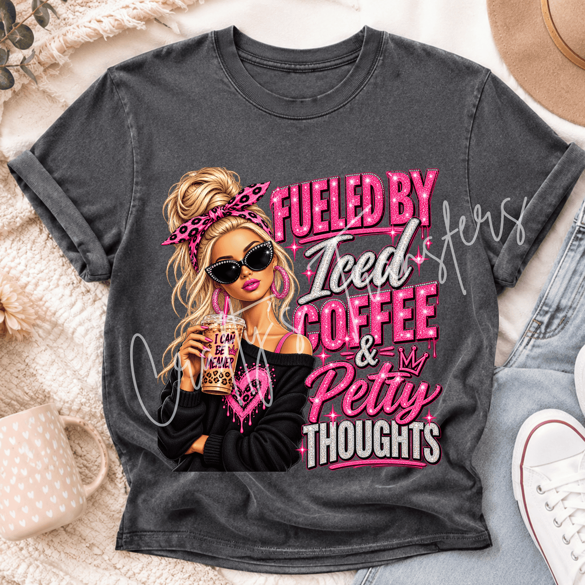 Fueled by Iced Coffee & Petty Thoughts DTF Transfer – Sassy Pink Coffee Girl Design