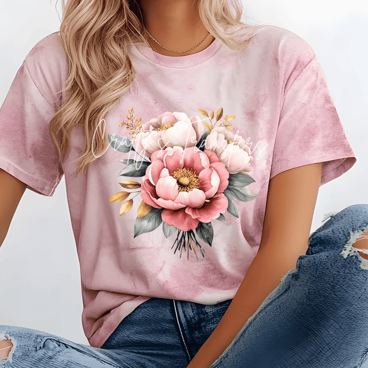 Blush Pink Peony Floral DTF Transfer – Feminine Watercolor Flower Bouquet Design