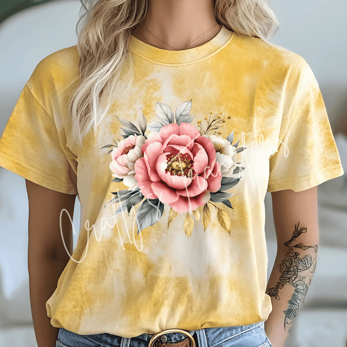 Pink Peony Floral DTF Transfer – Watercolor Flower Bouquet with Sage & Gold Leaves