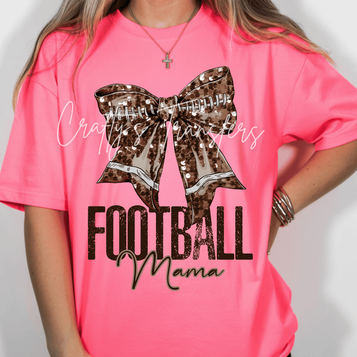 Football Mama DTF Transfer – Brown Glitter Football Bow Shirt Design – Game Day Mom DTF