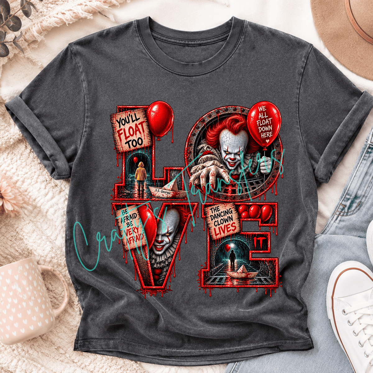 Red Balloon Horror Clown DTF Transfer – Creepy Sewer Clown Halloween Shirt Design – Scary Movie Inspired DTF