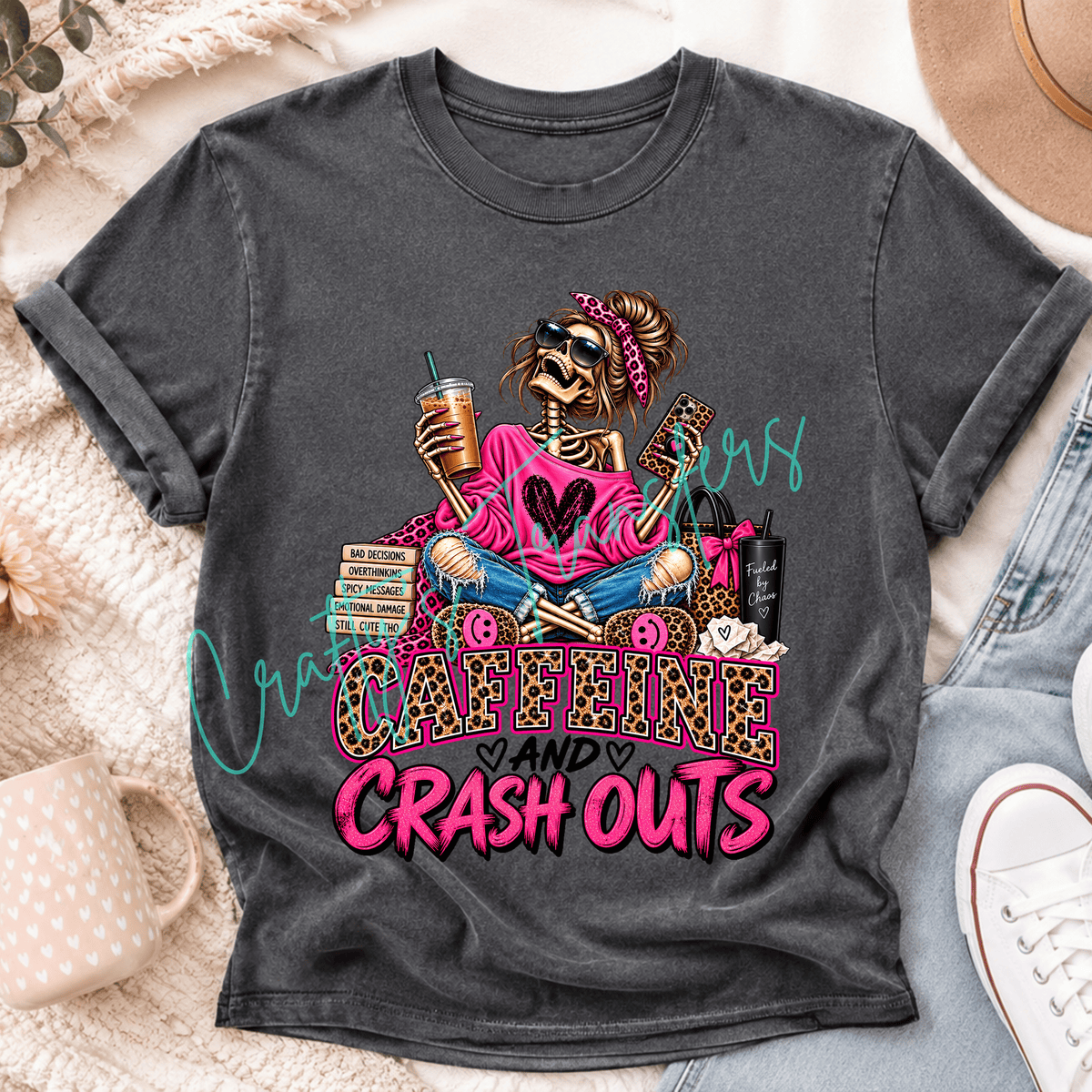 Caffeine and Crashouts DTF Transfer – Hot Pink Skeleton Girl Coffee Shirt Design – Leopard Print Sassy DTF