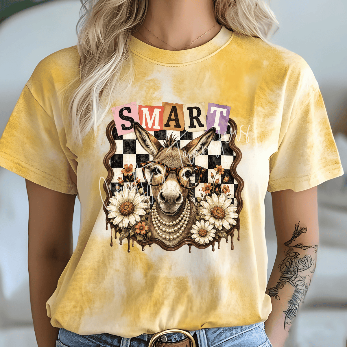 Smart Donkey DTF Transfer – Funny Floral Donkey Shirt Design – Retro Checkerboard DTF