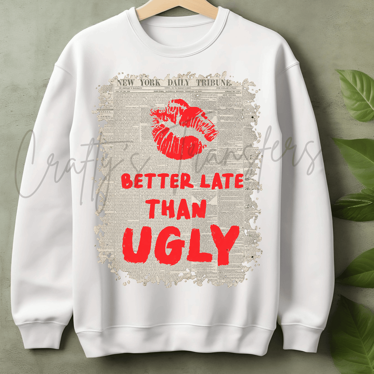 Better Late Than Ugly DTF Transfer – Red Lip Print Newspaper Shirt Design – Funny Fashion Quote DTF