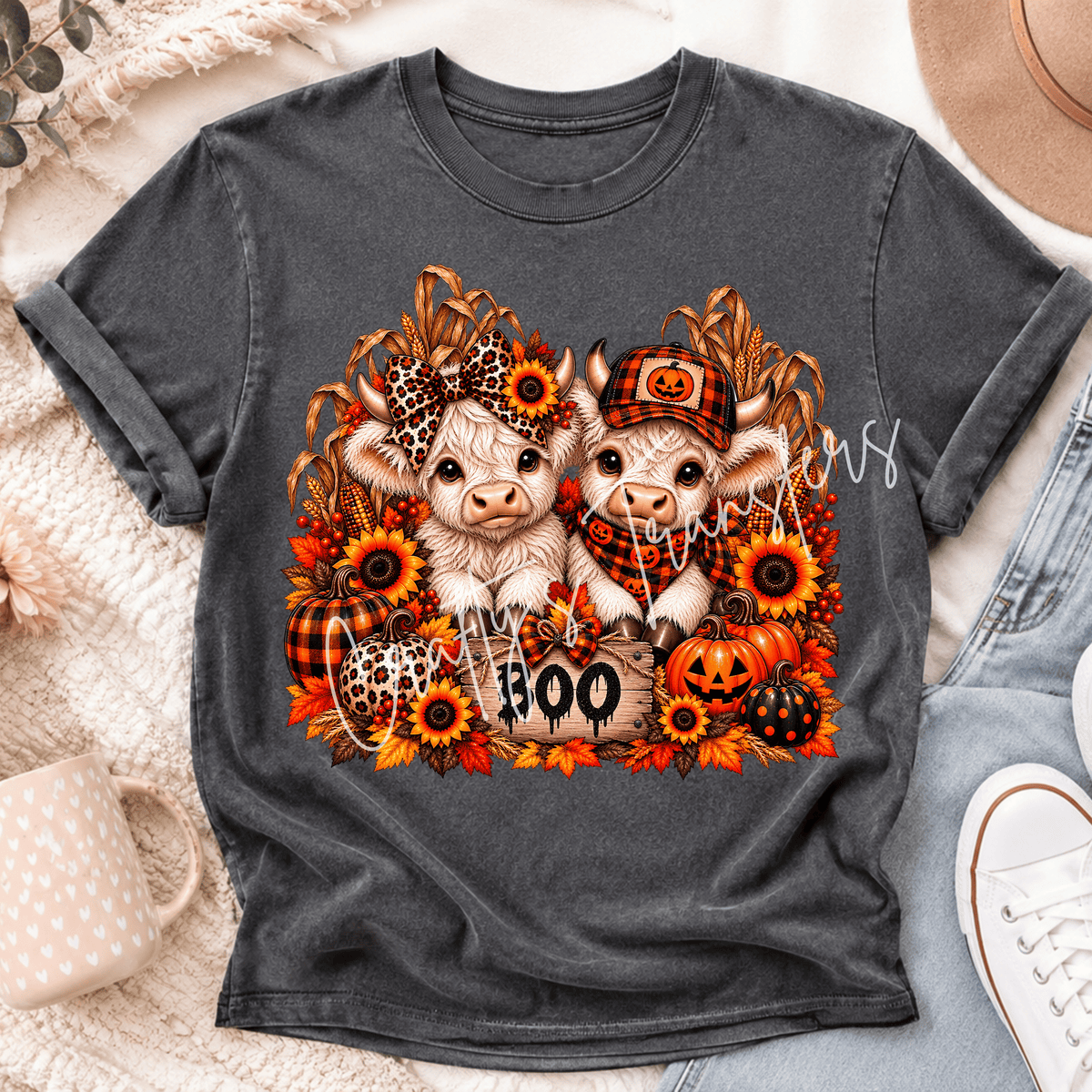 Halloween Highland Cow DTF Transfer – Boo Fall Cow Shirt Design – Pumpkin Sunflower Spooky Season DTF